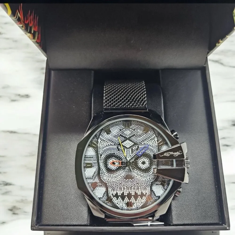 Ed Hardy Singles Men's Beaded Skull 53mm Dial/ Matte Black/White, Metal Band